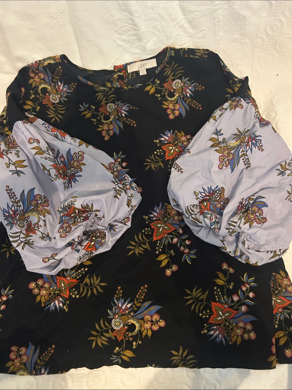 LOFT Black Floral Puff Sleeve Blouse with Light Blue Sleeves button up back